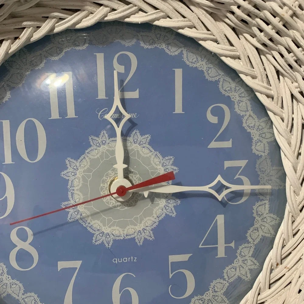 Cosmotime Retro Wicker Wall Clock Blue Lace Face Quartz Battery Operated Vintage